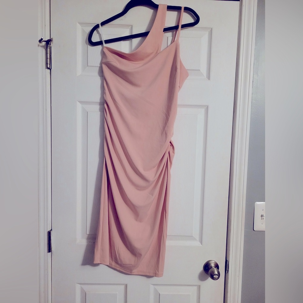 Pink off shoulder dress, never work, looks great and feels great.